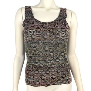 Chicos Design Size 1‎ Tank Top Metallic Lace Black Multicolor Floral Made in USA
